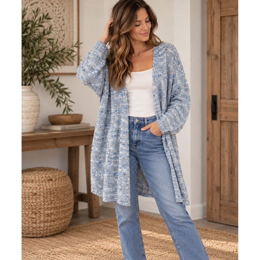 POL Blue Textured Duster Cardigan L Open Knit Longline Boho Lagenlook Sweater